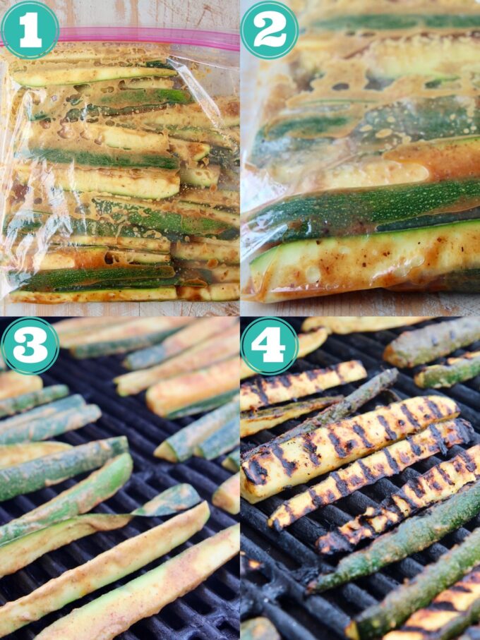 collage of images showing how to marinate and grill zucchini