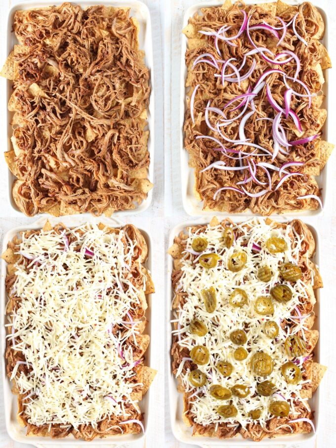 collage of images showing how to make pulled pork nachos