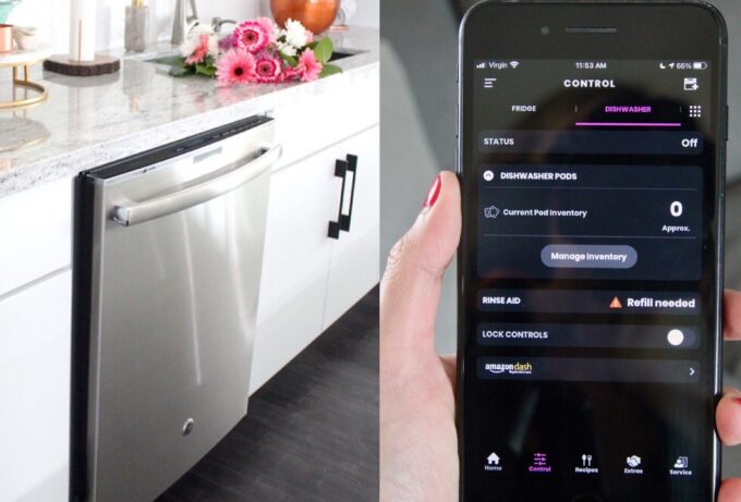 dishwasher in kitchen next to phone displaying dishwasher app