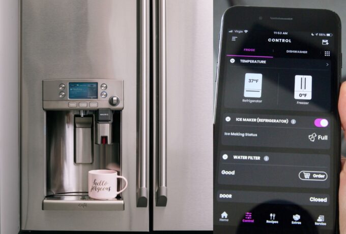 refrigerator next to phone with refrigerator app