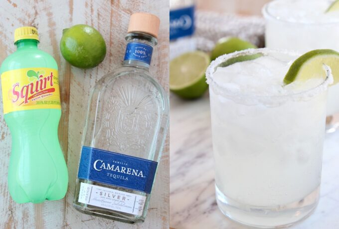collage of images showing ingredients for palomas and paloma in glass with salt rim