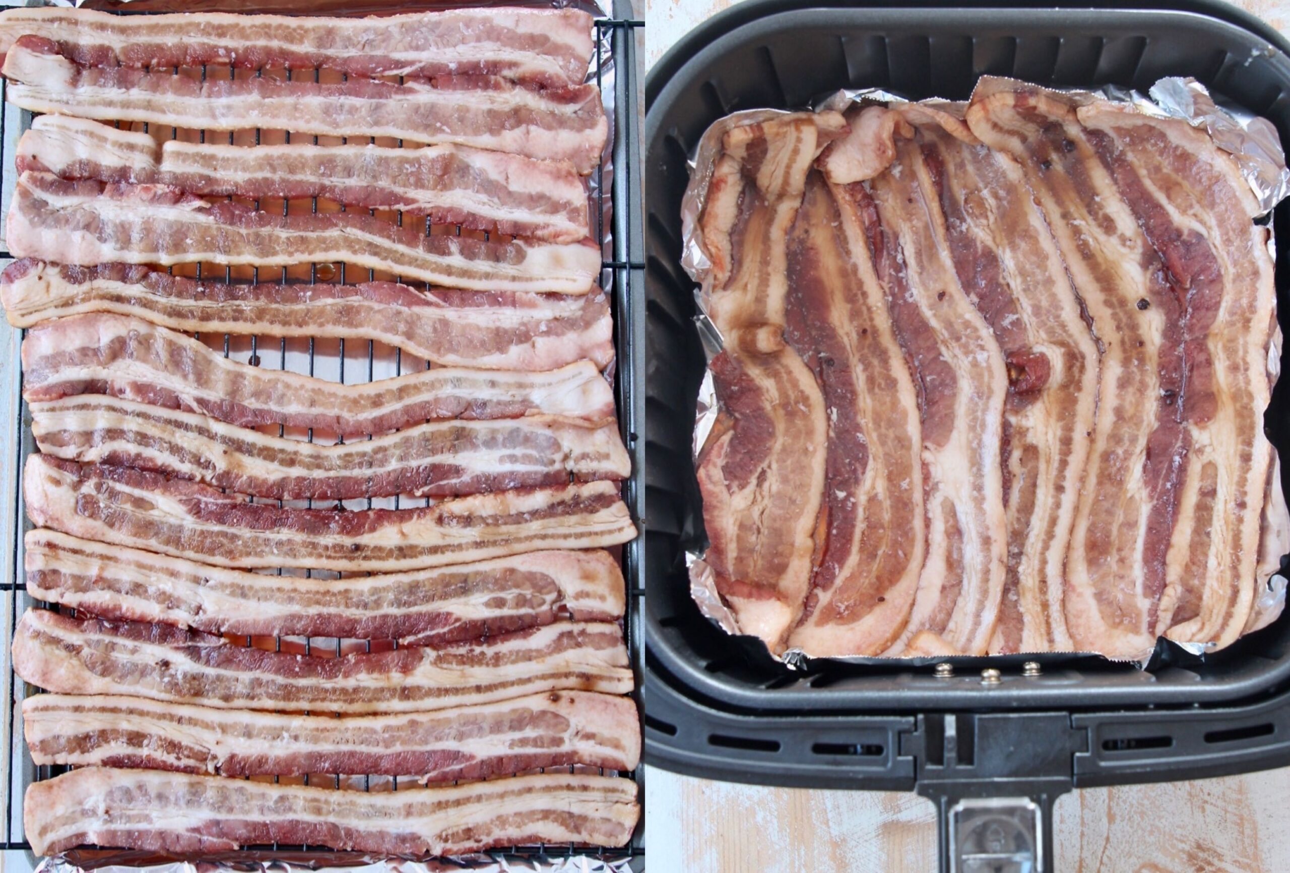 uncooked bacon on baking sheet and in air fryer