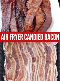 candied bacon cooked on plate and raw bacon in air fryer