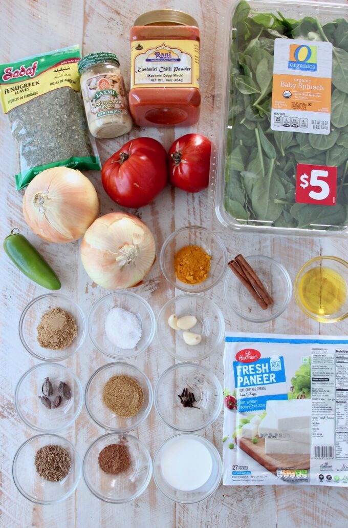 ingredients for palak paneer