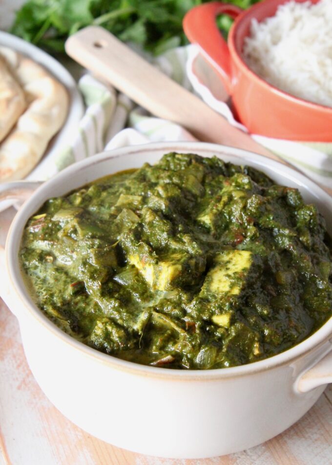 palak paneer in white serving bowl