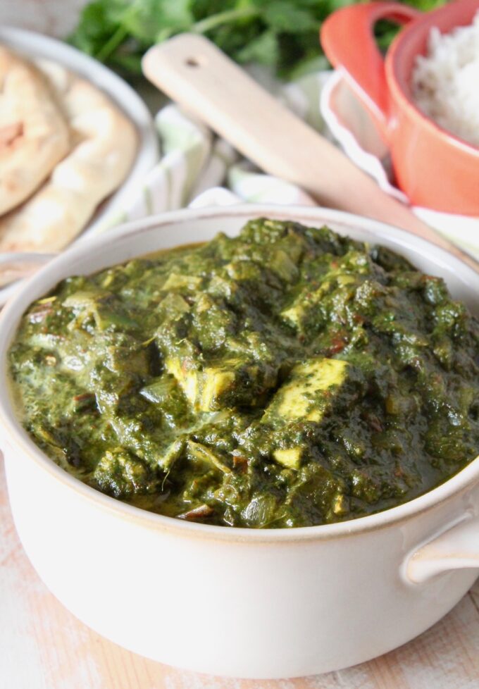 palak paneer in white serving bowl