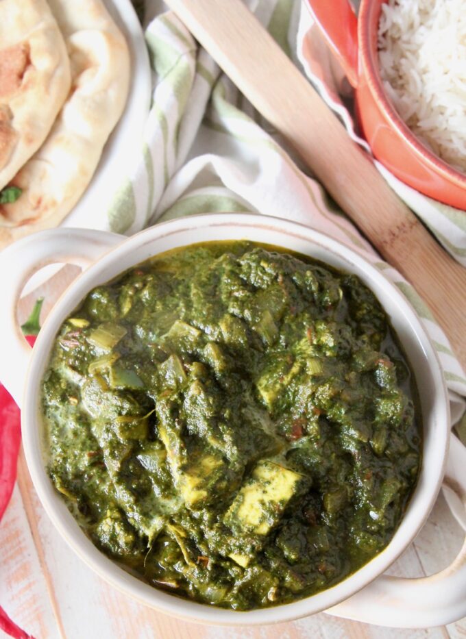 palak paneer in white bowl