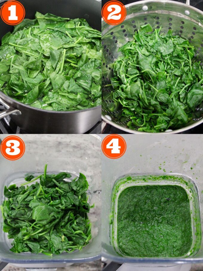 collage of images showing how to make cooked, pureed spinach