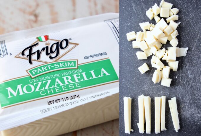 mozzarella cheese in package and cut into cubes on cutting board