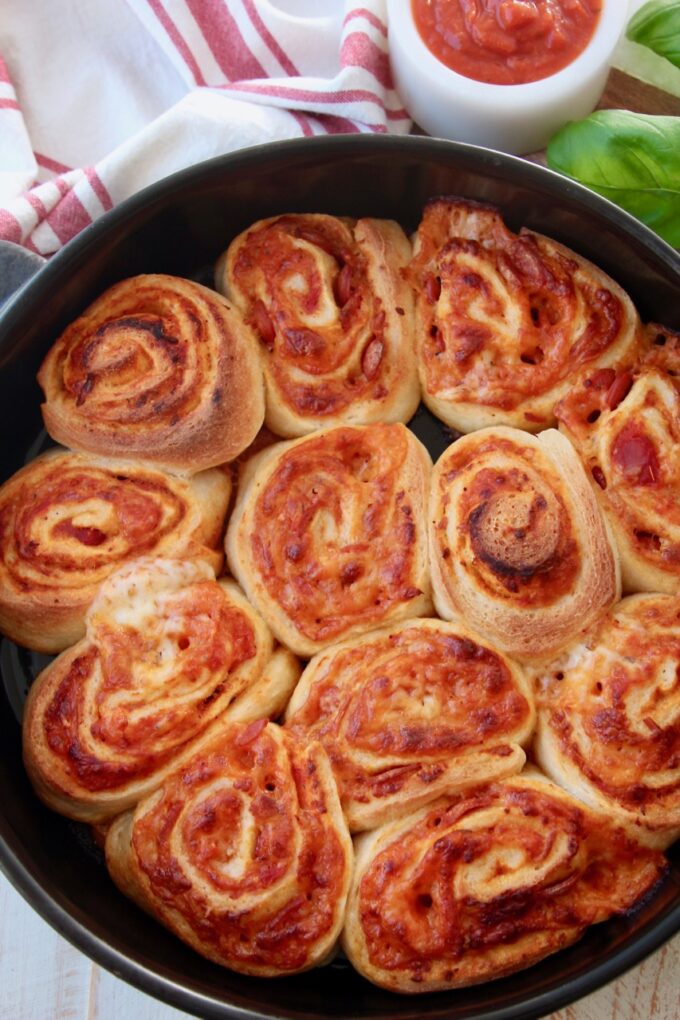cooked pizza rolls in pan