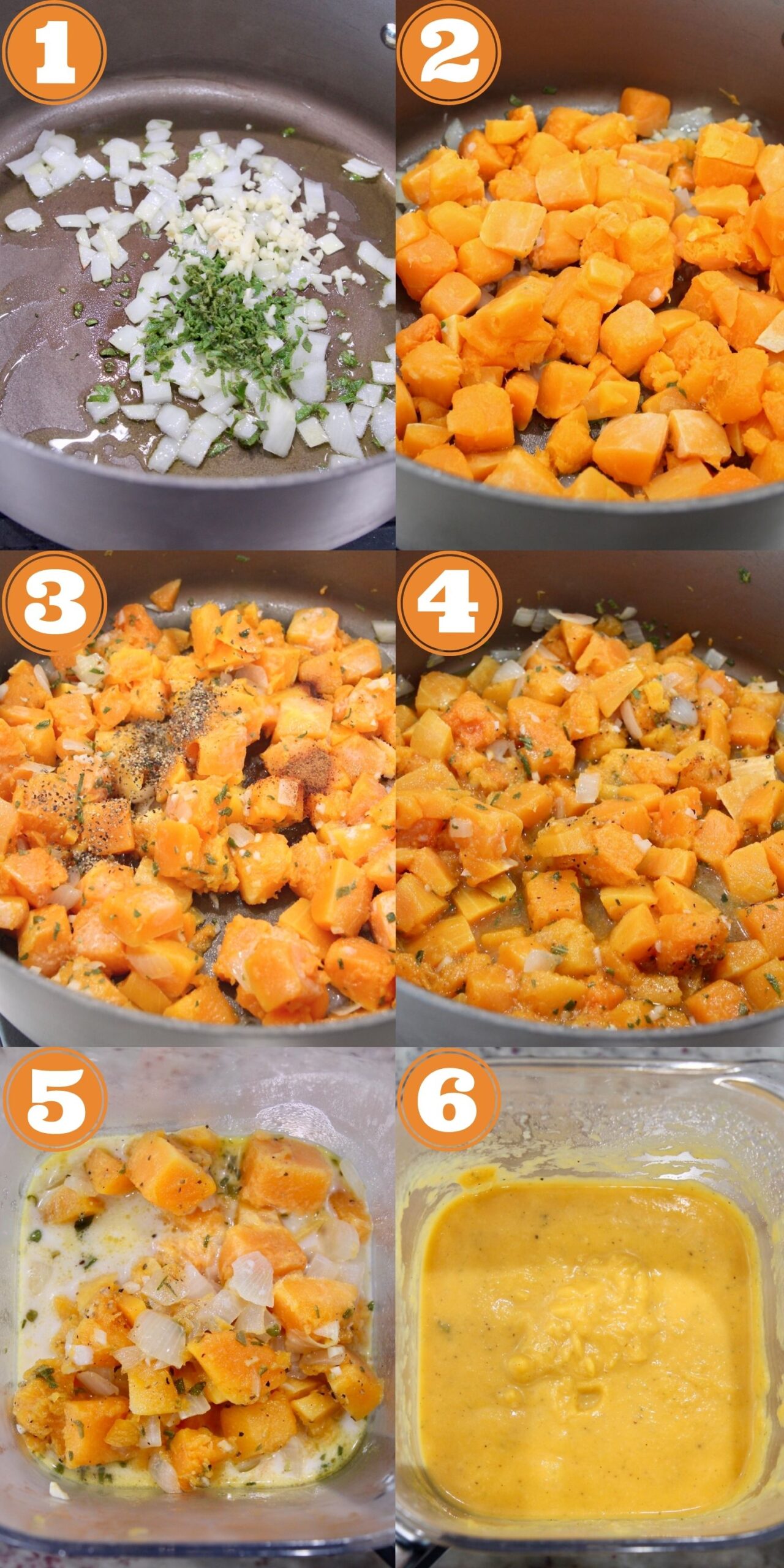 collage of instructional images showing how to make butternut squash sauce