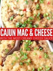 cajun macaroni and cheese in baking dish with serving spoon