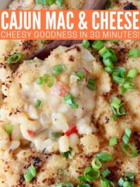 cajun macaroni and cheese in baking dish with serving spoon
