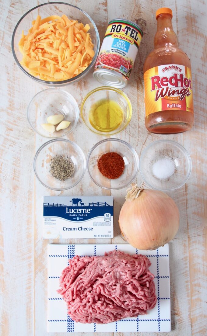 ingredients for buffalo cheeseburger dip