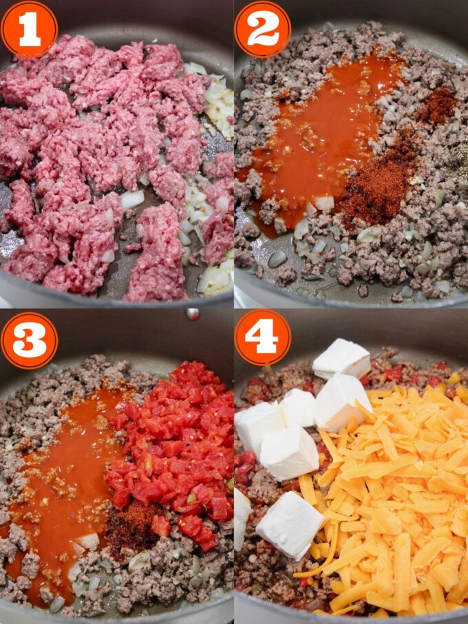 collage of instructional images showing how to make cheeseburger dip