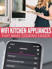 two images showing woman opening oven and smart phone with oven app