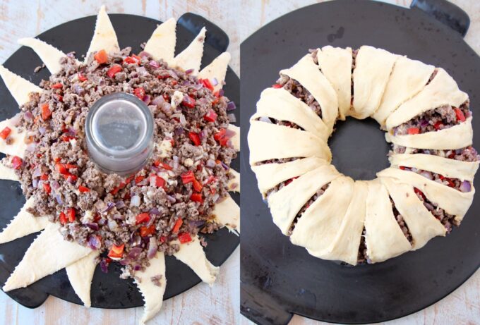 collage of images showing how to make a ground beef taco ring
