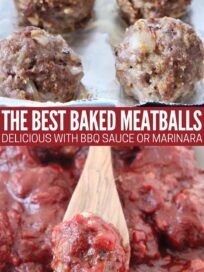 cooked meatballs on baking sheet and in bowl with bbq sauce