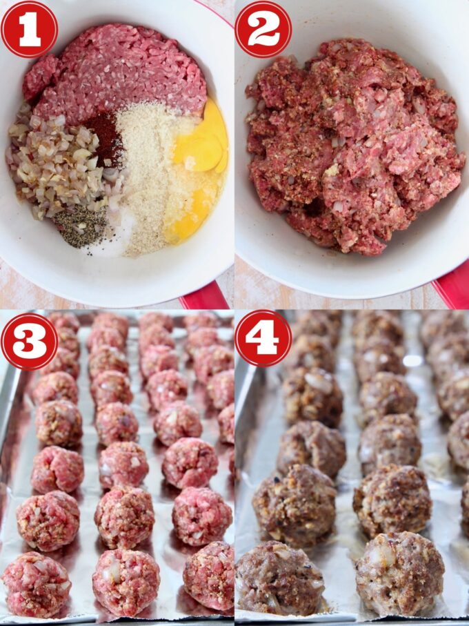 collage of images showing how to make baked beef meatballs