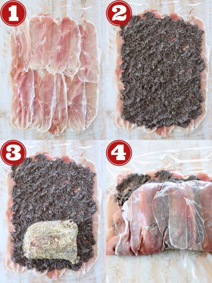 collage of images showing how to make beef wellington