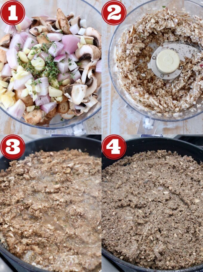 collage of images showing how to make mushroom duxelles