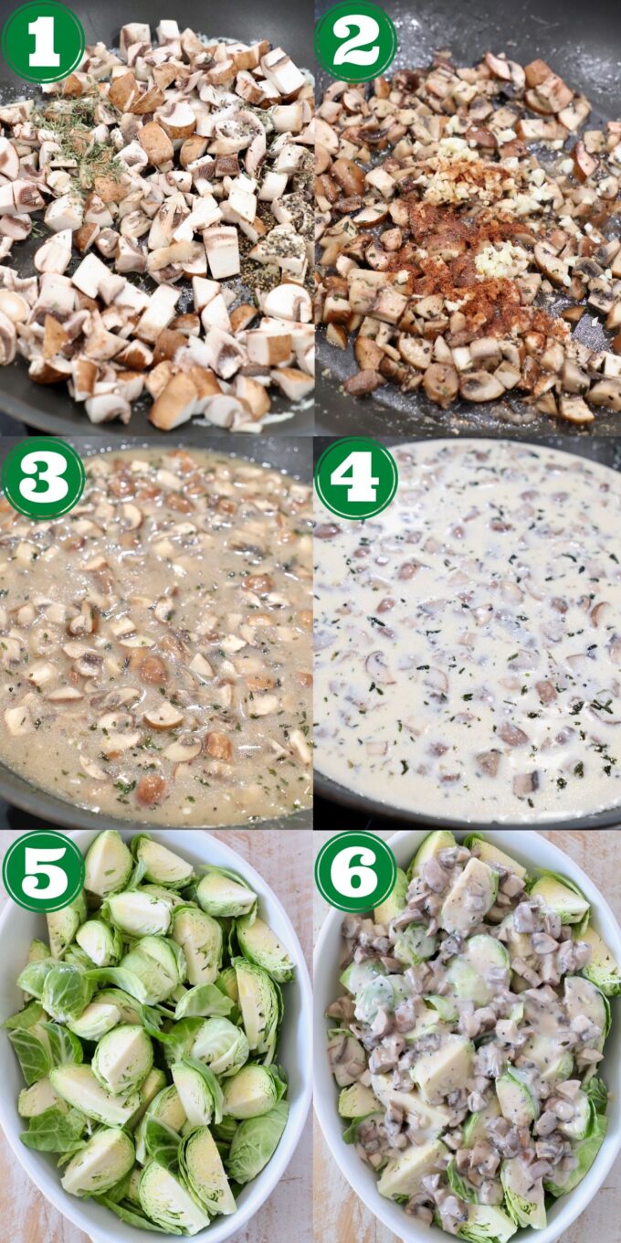 collage of images showing how to make brussels sprouts casserole