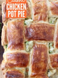 baked pot pie with weaved puff pastry crust