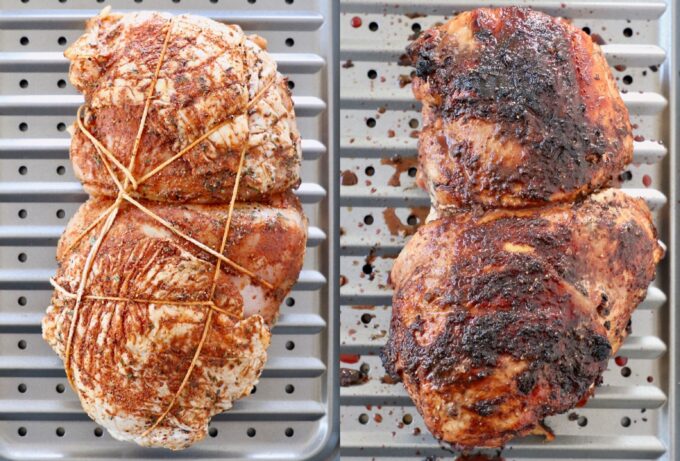 uncooked turkey breast on baking sheet next to cooked turkey breast on baking sheet