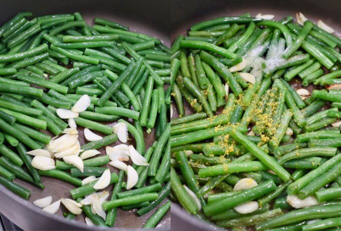 two images with green beans in skillet