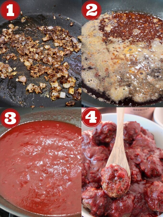 collage of images showing how to prepare bbq sauce for meatballs