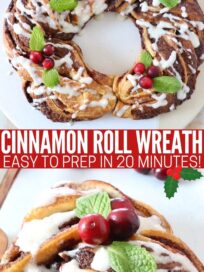 cinnamon roll wreath on round serving tray and a slice on a plate topped with cranberries and mint leaves