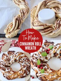 collage of images showing how to make a braided cinnamon roll wreath