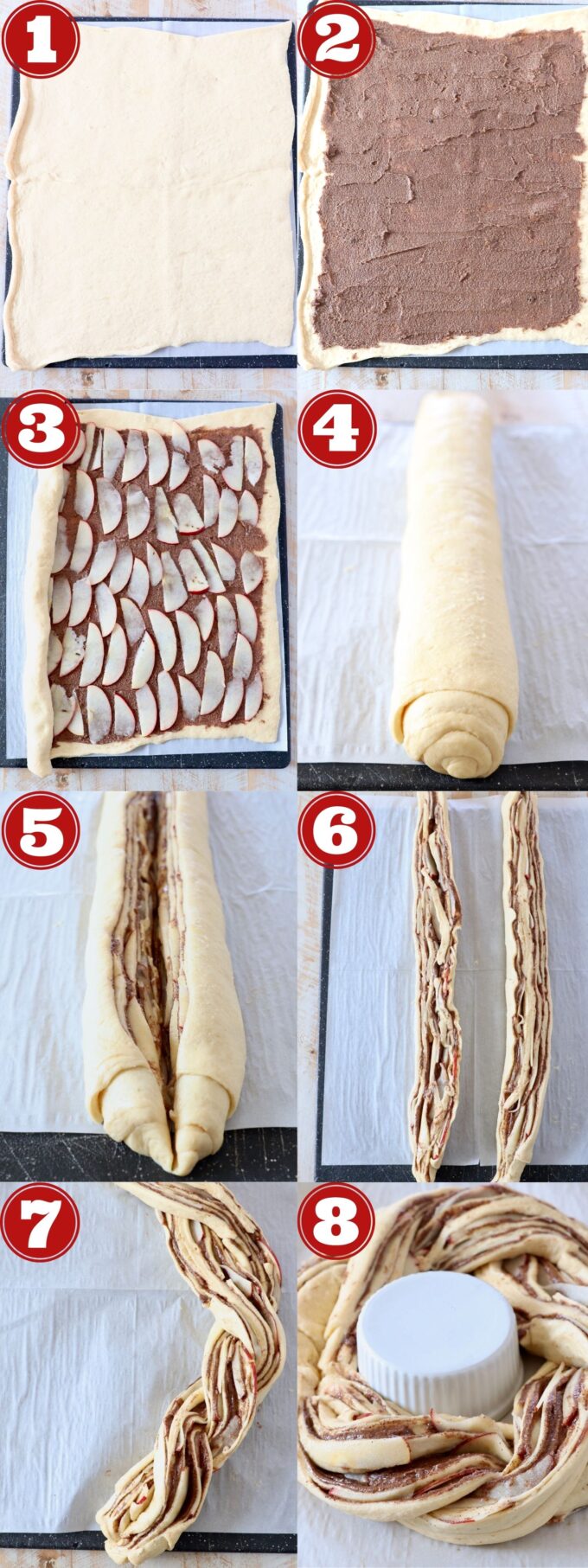 collage of images showing how to make a cinnamon roll wreath
