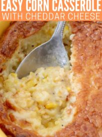 corn casserole in yellow round baking dish with serving spoon