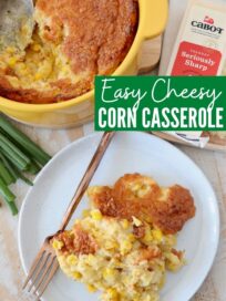 corn casserole on plate and in yellow baking dish