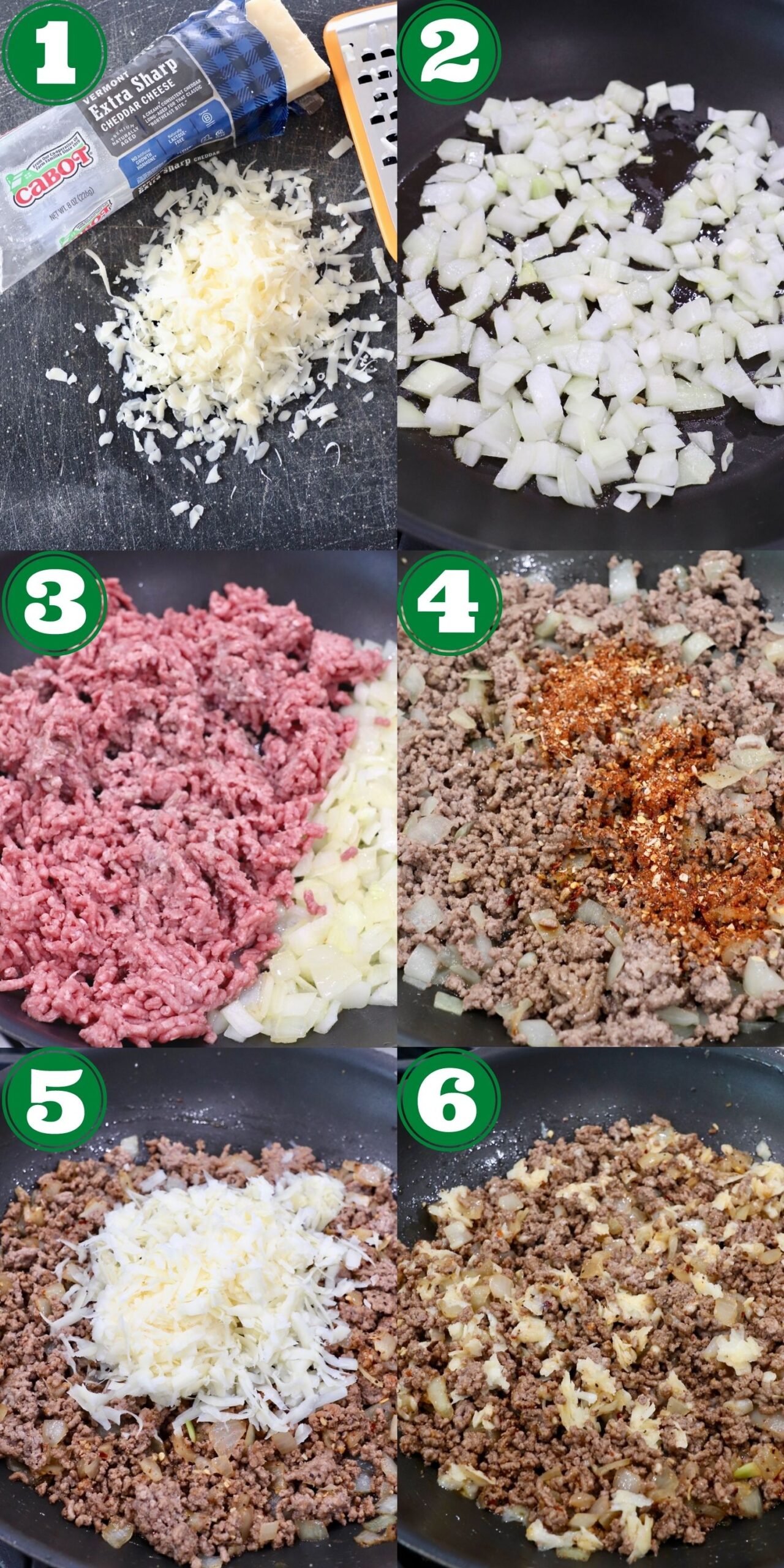 collage of images showing how to make cheeseburger filling for egg rolls