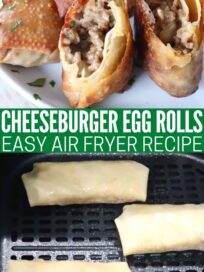 cheeseburger egg rolls in air fryer and cooked on plate