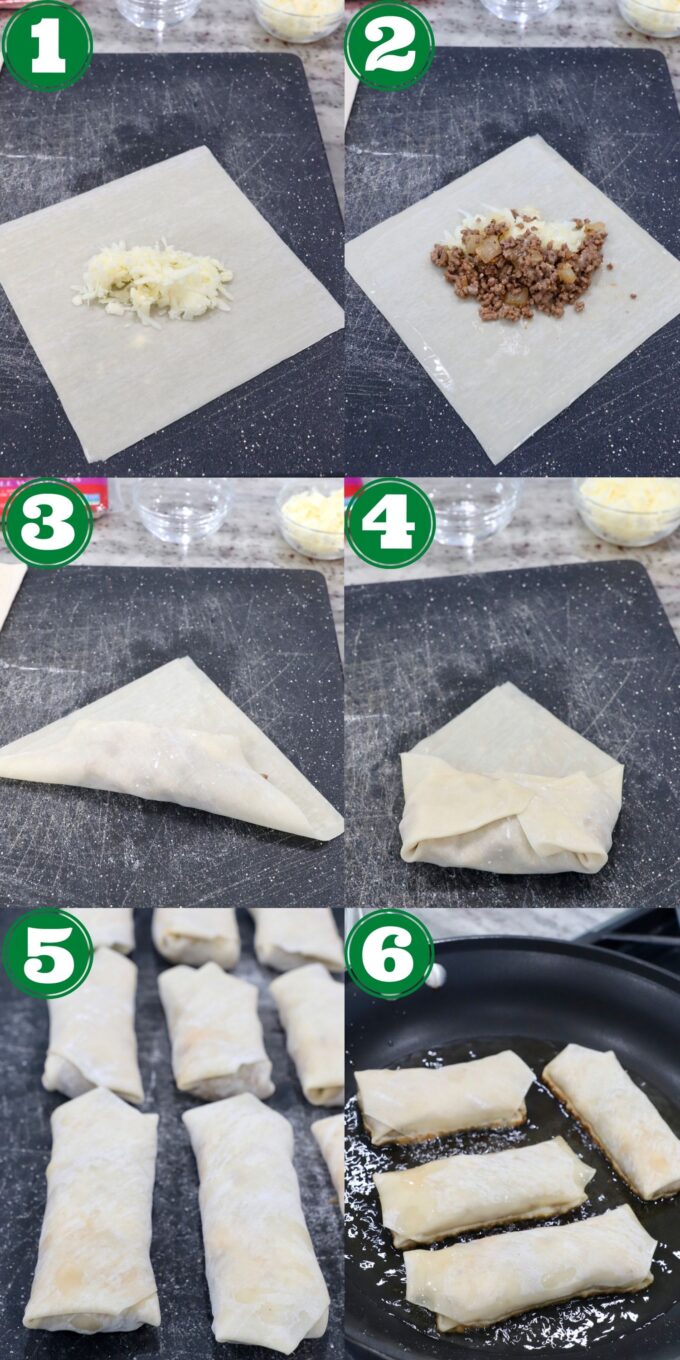 collage of images showing how to make cheeseburger egg rolls