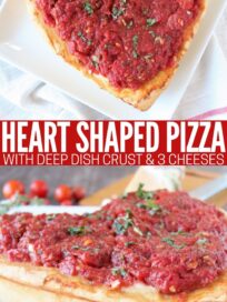 heart shaped deep dish pizza on white plate
