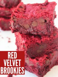 Red velvet brookies sliced into squares stacked up on top of each other