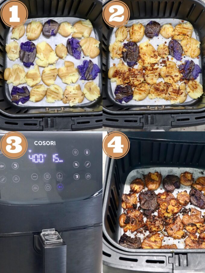 collage of images showing how to make smashed potatoes in an air fryer