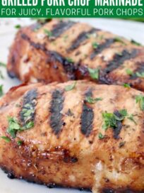 two grilled pork chops on plate