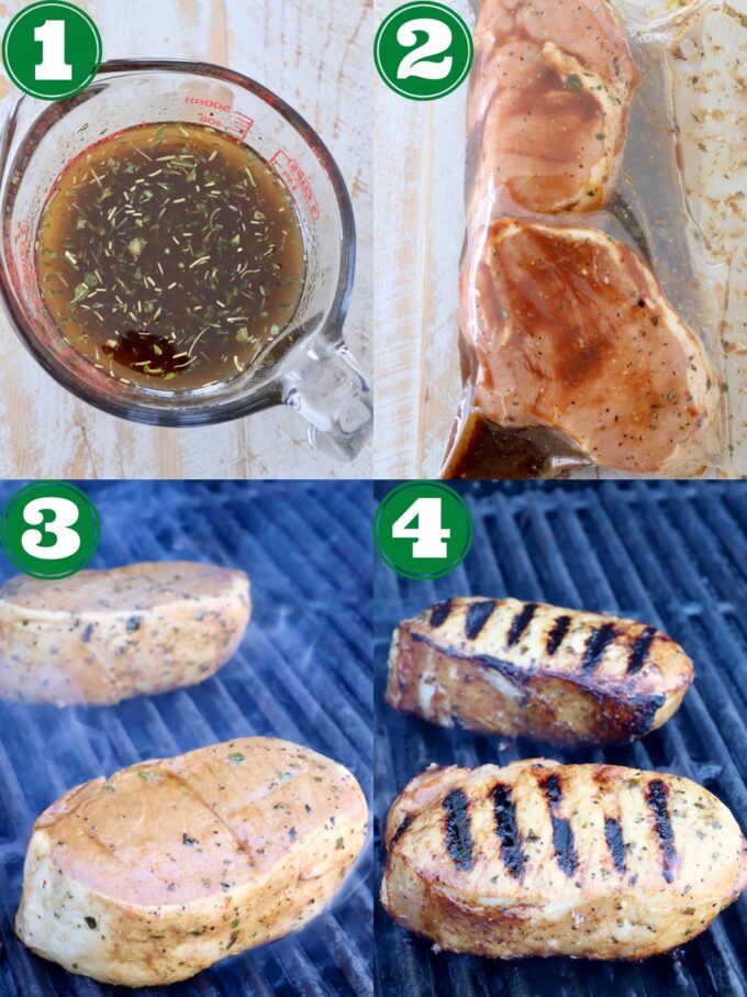 collage of images showing how to make marinated grilled pork chops