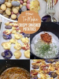 collage of images showing how to make smashed potatoes with herb butter