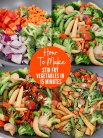 collage of images showing how to make stir fry vegetables