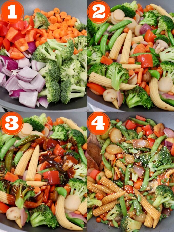 collage of images showing how to make stir fry vegetables