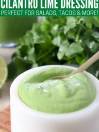 cilantro lime sauce in bowl with spoon