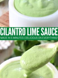 cilantro lime sauce in small white bowl and gold spoon