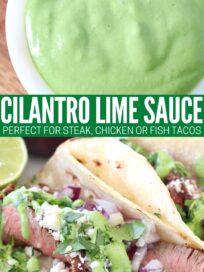 cilantro lime sauce in bowl and drizzled on steak tacos