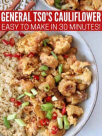 overhead image of fried general tso cauliflower in bowl with rice and diced green onions